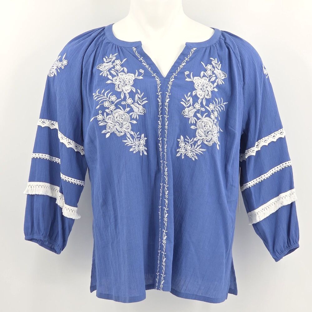 Ali Miles Embroidered Lace Tunic Top Blouse Womens Size Small Blue Boho Peasant